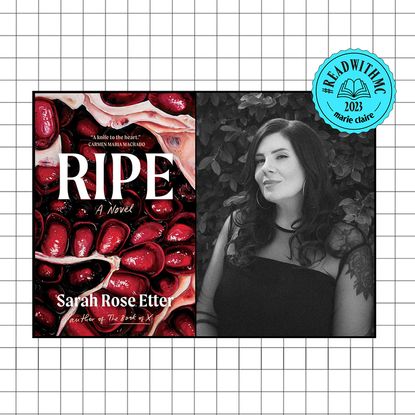 Ripe cover split image with Sarah Rose etter headshot overlaid on black and white grid with ReadWithMC stamp 