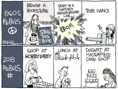 Political cartoon U.S. rebels 1960s Vietnam Hanoi hippie conservative Hobby Lobby Masterpiece Cakeshop Chick-fil-A