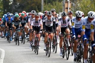 SAN DANIELE DEL FRIULI ITALY OCTOBER 20 Sam Oomen of The Netherlands and Team Sunweb Wilco Kelderman of The Netherlands and Team Sunweb Nico Denz of Germany and Team Sunweb Peloton during the 103rd Giro dItalia 2020 Stage 16 a 229km stage from Udine to San Daniele Del Friuli 249m girodiitalia Giro on October 20 2020 in San Daniele Del Friuli Italy Photo by Tim de WaeleGetty Images