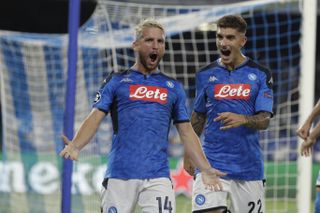 Napoli’s Dries Mertens celebrates after scoring a penalty