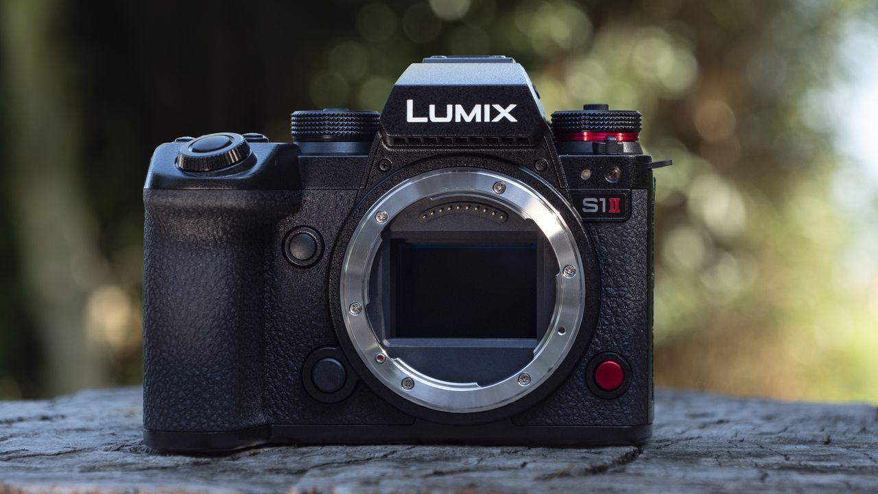 Panasonic Lumix S1 II mirrorless camera outdoors on a wooden surface