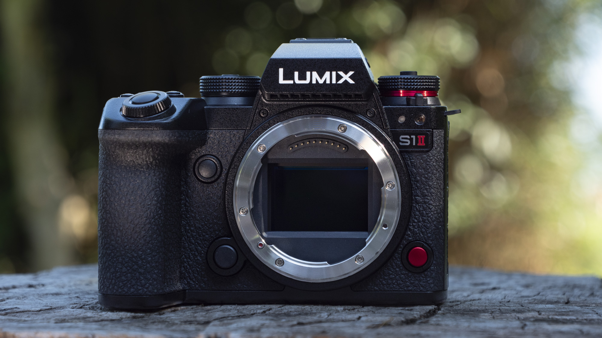 Panasonic Lumix S1 II mirrorless camera outdoors on a wooden surface