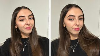 Collage of photos of Digital Beauty Writer, Sennen Prickett (L-R) with long, straight brunette hair wearing one coat of the Gisou lip oil and two coats of Gisou lip oil