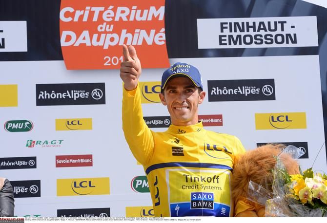 Alberto Contador (Tinkoff Saxo) takes over the race lead from Chris Froome (Team Sky) during stage 7 at the Dauphin&eacute;