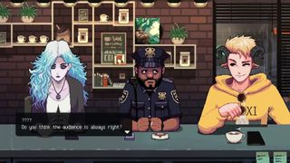 An image showing a banshee, a satyr, and a cop drinking coffee in Coffee Talk 2.