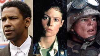 Denzel Washington in "American Gangster" (2007), Sigourney Weaver in "Alien" (1979), and Josh Hartnett in "Black Hawk Down" (2001)