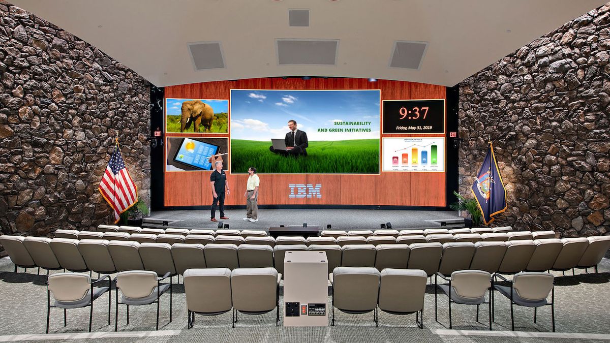 IBM recently upgraded the main auditorium display in the Thomas J. Watson Research Center to a 34-foot-wide 1.2mm Radiance LED wall from Digital Projection.