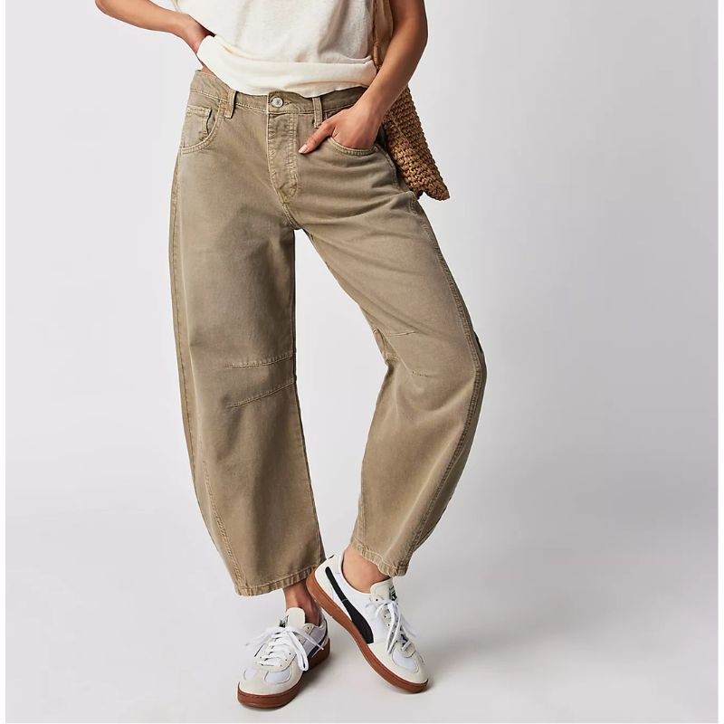 Free People , Good Luck Mid-Rise Barrel Jeans in Taupe