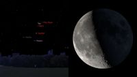 A two panel image showing a half lit moon on the right and the positions of the moon, Jupiter and Mars in a simulated night sky on the left.
