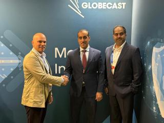 (Left) Giorgio Giacomini, managing director for MENA at Globecast, Ahmed Al-Fahad, executive director of technology and network operations at Al Jazeera and (right) Ramzan Alnoimi, director of network creative at Al Jazeera.