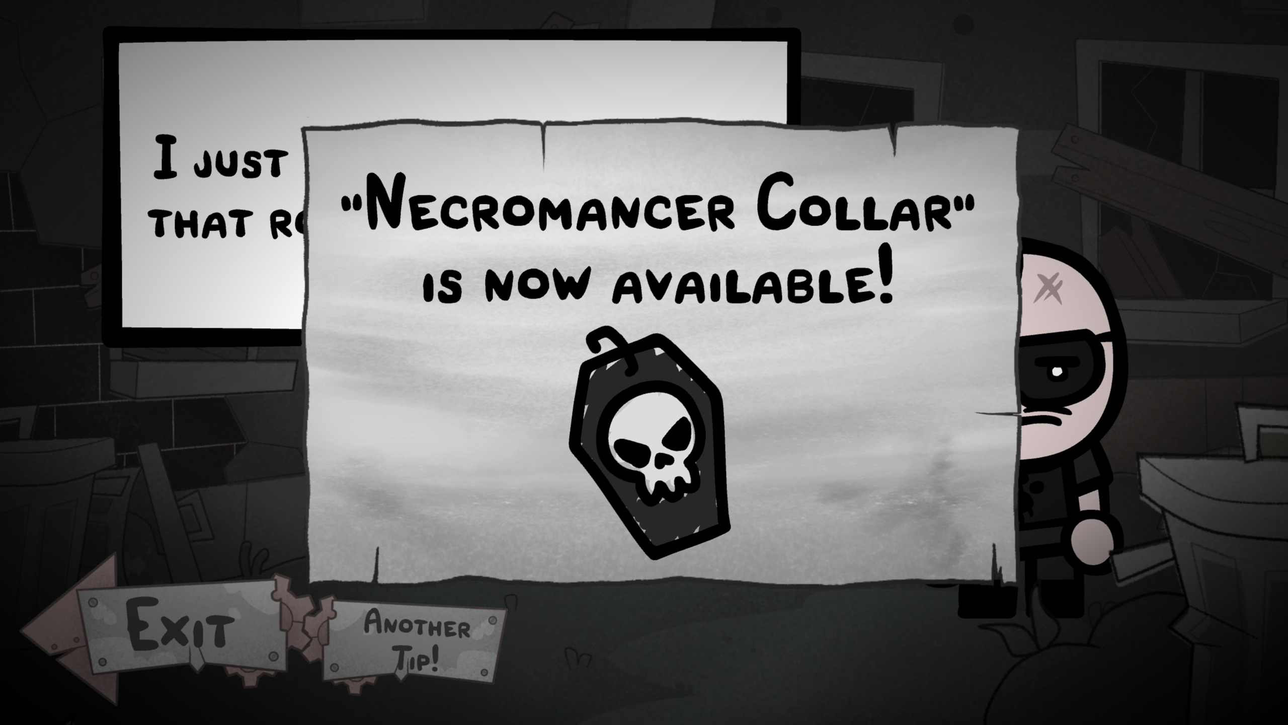 Mewgenics classes: A message saying that the Necromancer collar is available during conversation with Butch.