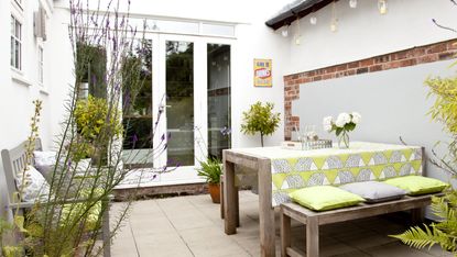 outdoor furniture layout in a small garden