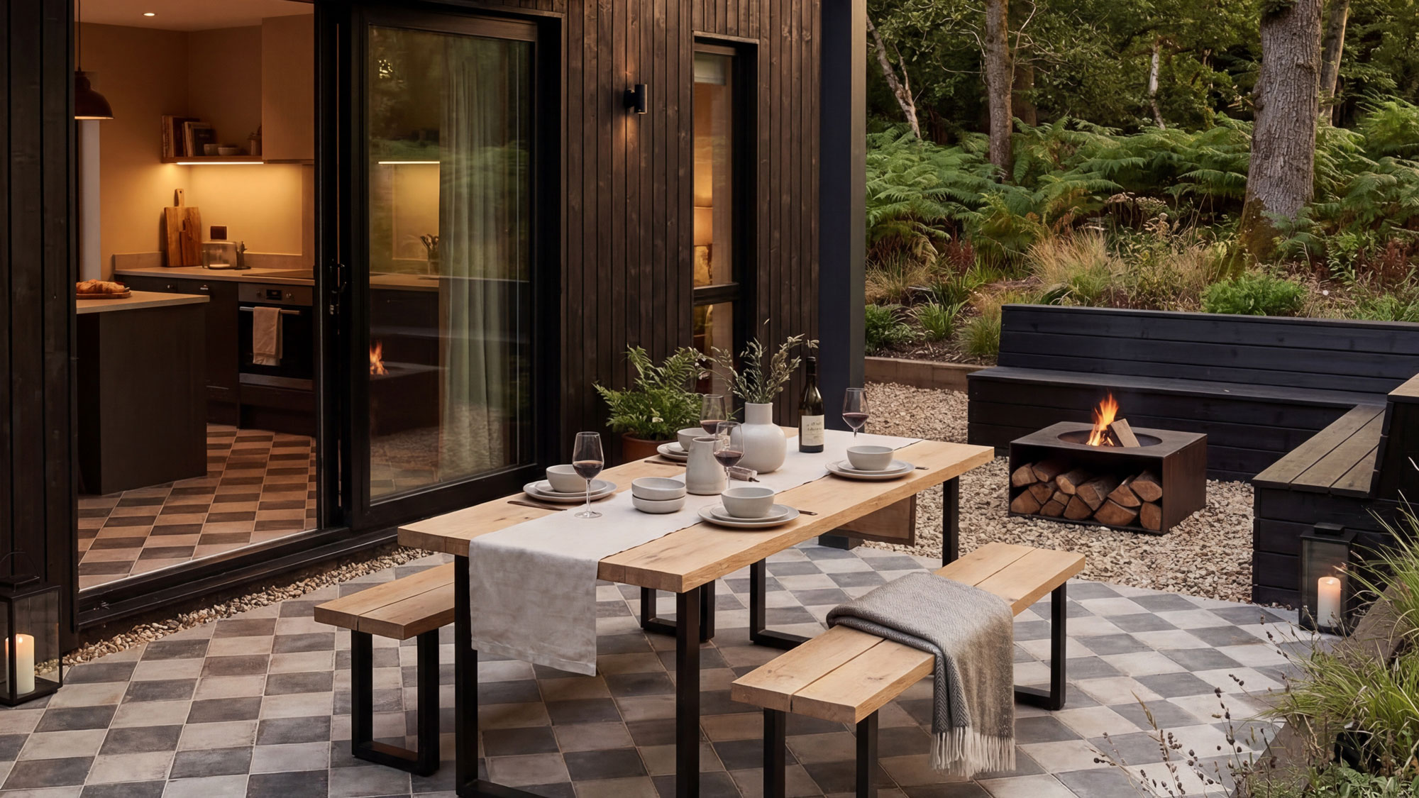 outdoor dining area with chequerboard outdoor tiles