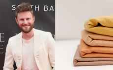 A split image including a headshot of Bobby Berk and a stack of neatly folded bed linen