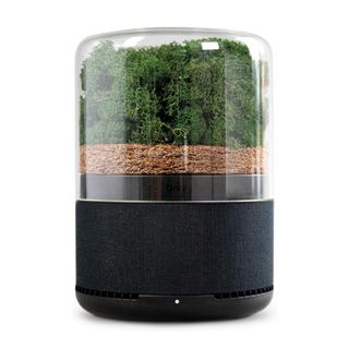 briiv air filter product cut-out, with a black base and moss and coconut filters with a glass dome above them