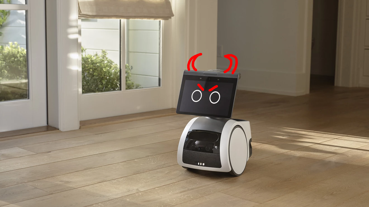 Amazon&#039;s Astro robot with cartoon red devil horns drawn on