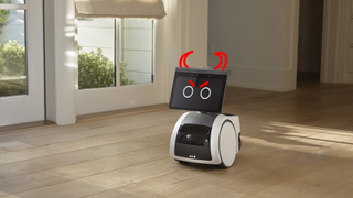 Amazon's Astro robot with cartoon red devil horns drawn on