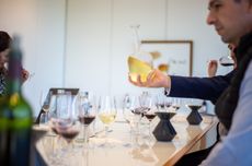 white wine being poured from a decanter