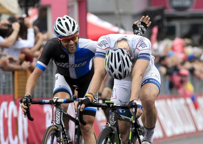 Paul Mertens (Blanco) congratulates compatriot John Degenkolb after the Argos-Shimano rider won stage 5 of the Giro