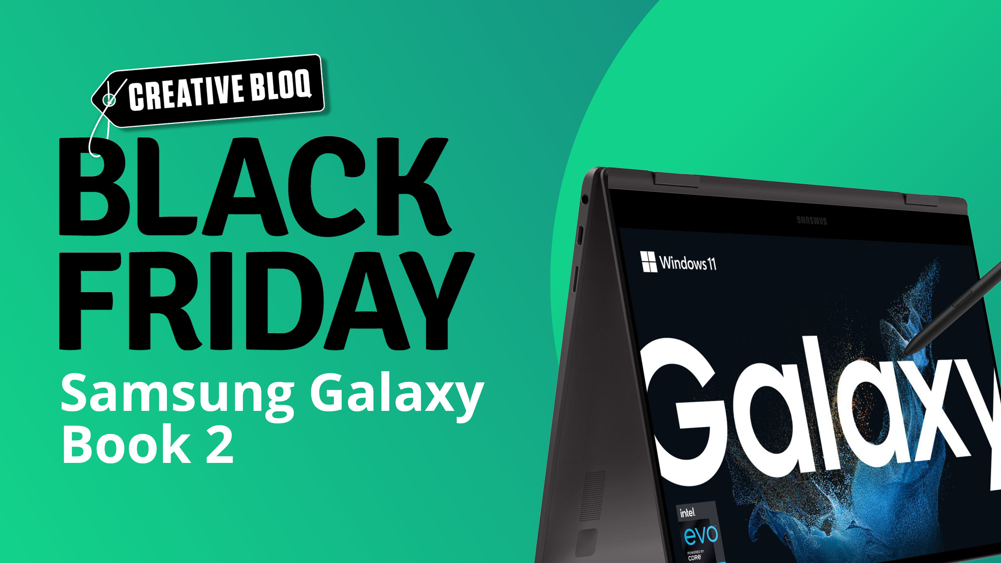 A Samsung Black Friday image with a Samsung Galaxy Book 2 on a green background