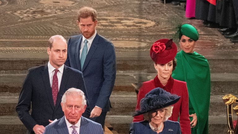britains prince william, duke of cambridge l, britains prince charles, prince of wales 2nd l, britains prince harry, duke of sussex 3rd l, britains camilla, duchess of cornwall 3rd r, britains catherine, duchess of cambridge 2nd r and britains meghan, duchess of sussex r depart westminster abbey after attending the annual commonwealth service in london on march 9, 2020 britains queen elizabeth ii has been the head of the commonwealth throughout her reign organised by the royal commonwealth society, the service is the largest annual inter faith gathering in the united kingdom photo by phil harris pool afp photo by phil harrispoolafp via getty images