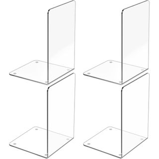 Acrylic Bookends 4 Pcs, Clear Book Ends for Shelves, Transparent Bookend Organizer, Book Holder Stand Decorative, Book Stoppers for Heavy Duty Books, Cd, File, Video Games