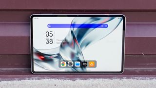 The RedMagic Astra 2 gaming tablet in landscape mode up against a wall