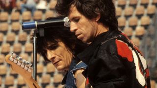 Ron Wood and Keith Richards of The Rolling Stones perform on stage at Feyenoord Stadium, De Kuip, Rotterdam, Netherlands, 5th June 1982