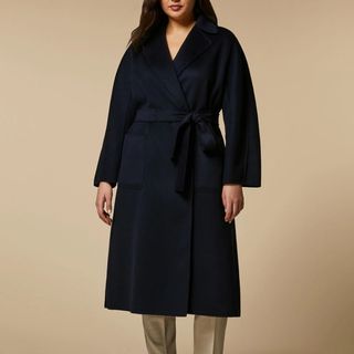 wool navy belted wrap coat