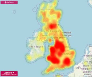 A heatmap showing the areas most and least affected by Japanese knotweed