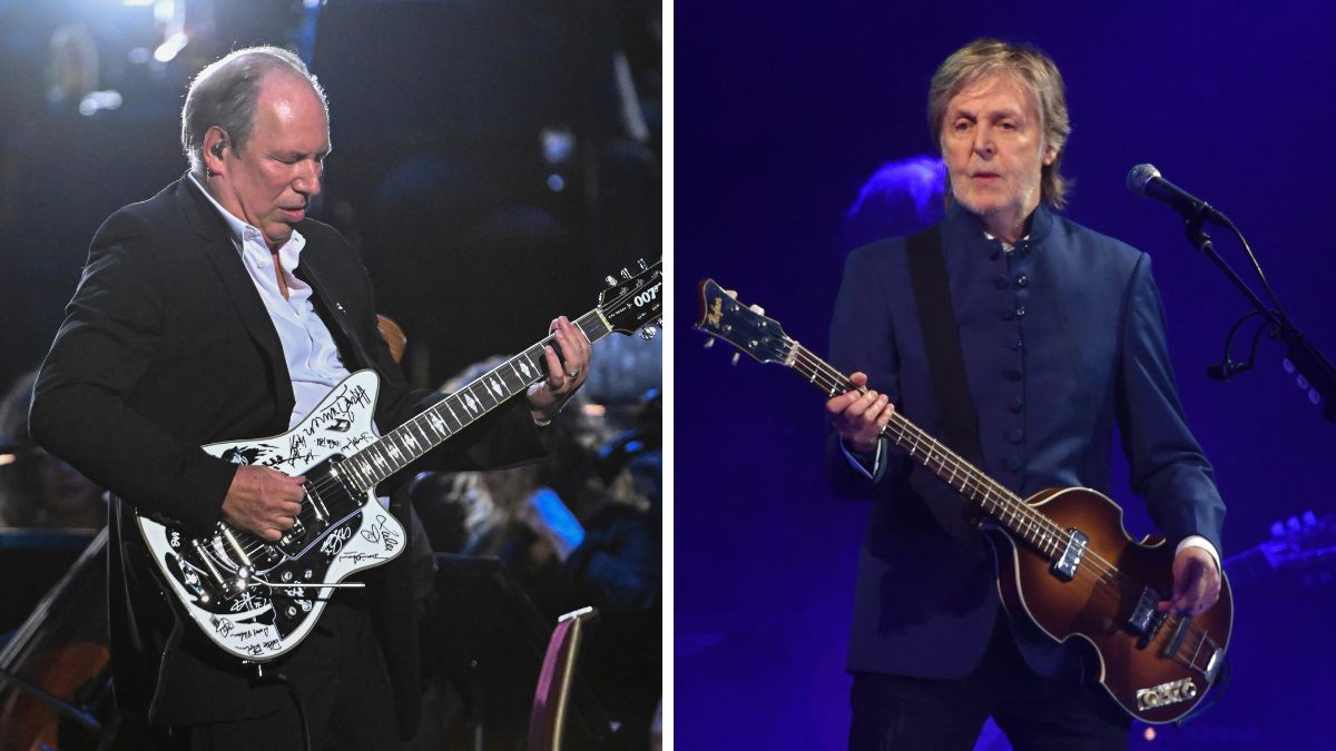 Left-Hans Zimmer performs on stage accompanied by The Royal Philharmonic Concert Orchestra during The Sound of 007 in concert at The Royal Albert Hall on October 04, 2022 in London, England; Right-Paul McCartney performs on the Pyramid stage during day four of Glastonbury Festival at Worthy Farm, Pilton on June 25, 2022 in Glastonbury, England