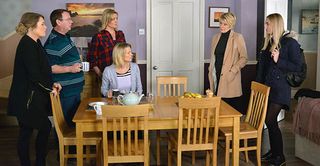WARNING: Embargoed for publication until 00:00:01 on 12/01/2016 - Programme Name: Eastenders - TX: 18/01/2016 - Episode: 5213 (No. n/a) - Picture Shows: Louise tells everyone that Phil is in hospital. Louise Mitchell (TILLY KEEPER), Sharon Mitchell (LETITIA DEAN), Ian Beale (ADAM WOODYATT), Jane Beale (LAURIE BRETT), Kathy Sullivan (GILLIAN TAYLFORTH), Shirley Carter (LINDA HENRY) - (C) BBC - Photographer: Kieron McCarron