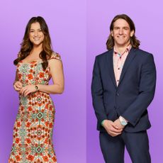 love is blind season 8 stars joey wearing a blue suit and monica wearing a printed dress posing in a split image 