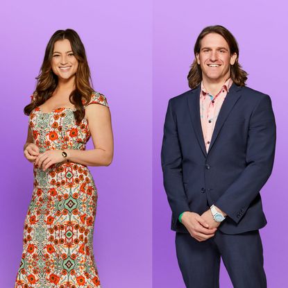 love is blind season 8 stars joey wearing a blue suit and monica wearing a printed dress posing in a split image 