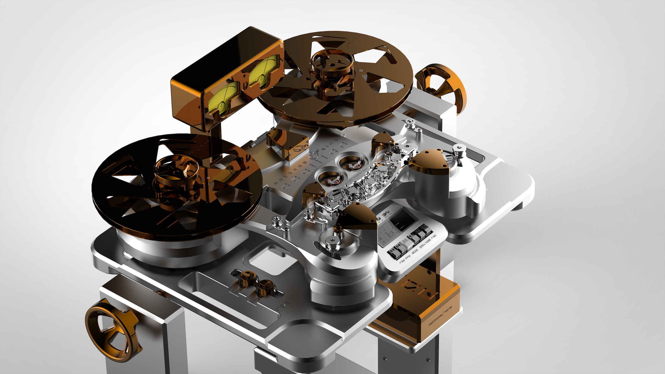 The Metaxas &amp;amp; Sins Papillon reel-to-reel tape machine on a grey background.