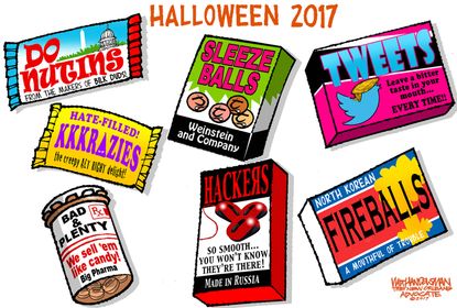 Political cartoon U.S. Halloween candy Trump America 2017