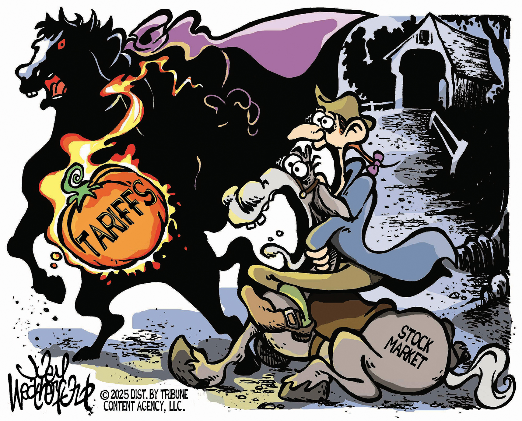 This editorial cartoon takes place in a spooky farm at night, where a headless horseman carries a flaming pumpkin labeled &amp;ldquo;Tariffs&amp;rdquo; at left. On the right side of the image, another man and a horse labeled &amp;ldquo;Sock Market&amp;rdquo; are terrified by the sight.