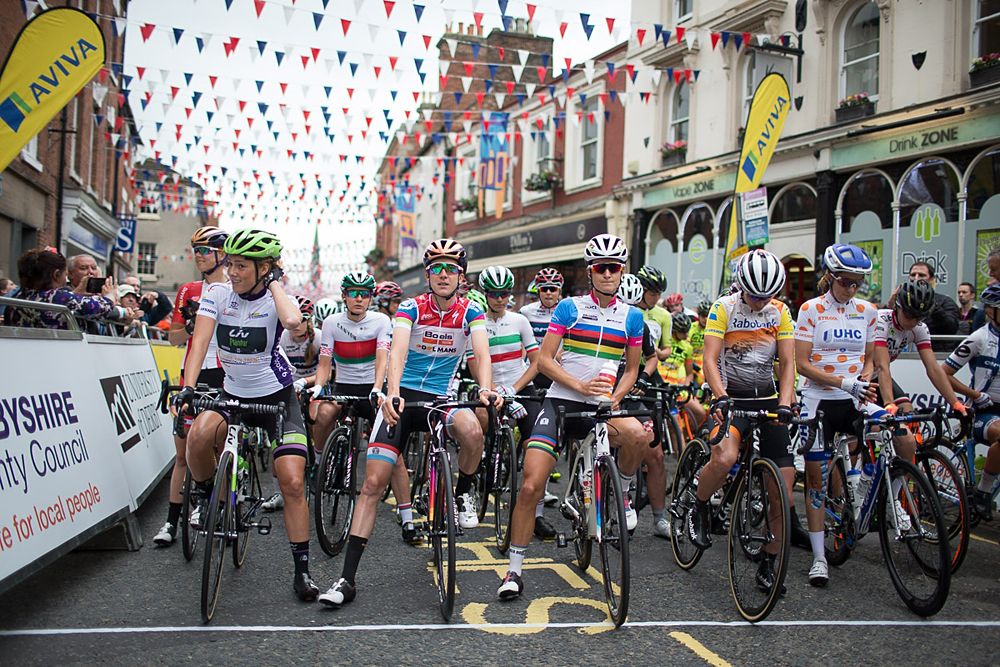 The jersey wearers line up at the start line before the Aviva Women's Tour 2016 - Stage 3