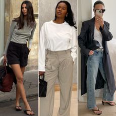 fashion collage of three style influencers wearing chic outfits for 2026 with elevated basics like long-sleeve T-shirts, trousers, and jeans