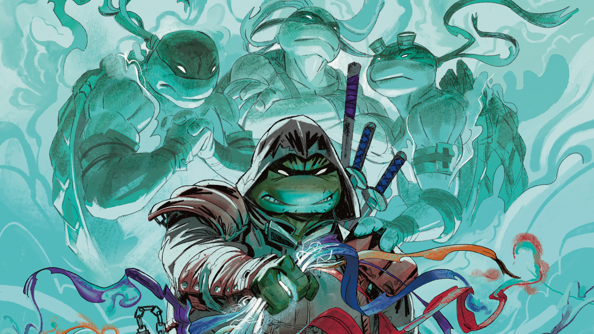 Teenage Mutant Ninja Turtles in a ghostly, smoky environment