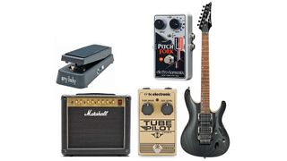 Cry Baby wah, Marshall amp, TC Electronic, EHX pedals, Ibanez guitar