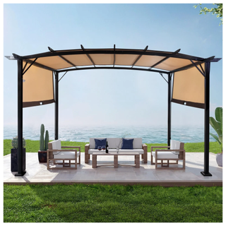 An arched aluminium pergola with a brown sunroof