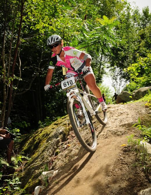 Sarah Kaufmann (Stans NoTubes Elite Womens Team) riding down one of several steep drops