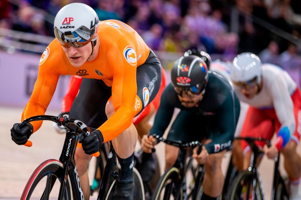 Netherlands Jeffrey Hoogland competes in the Mens Kerin quarter final race at the UCI track cycling World Championship at the velodrome in Berlin on February 27 2020 Photo by Odd ANDERSEN AFP Photo by ODD ANDERSENAFP via Getty Images