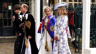 The Duke and Duchess of Edinburgh arriving with Lady Louise Windsor (right) and the Earl of Wessex (left) at Westminster Abbey in central London on May 6, 2023, ahead of the coronations of Britain's King Charles III and Britain's Camilla, Queen Consort