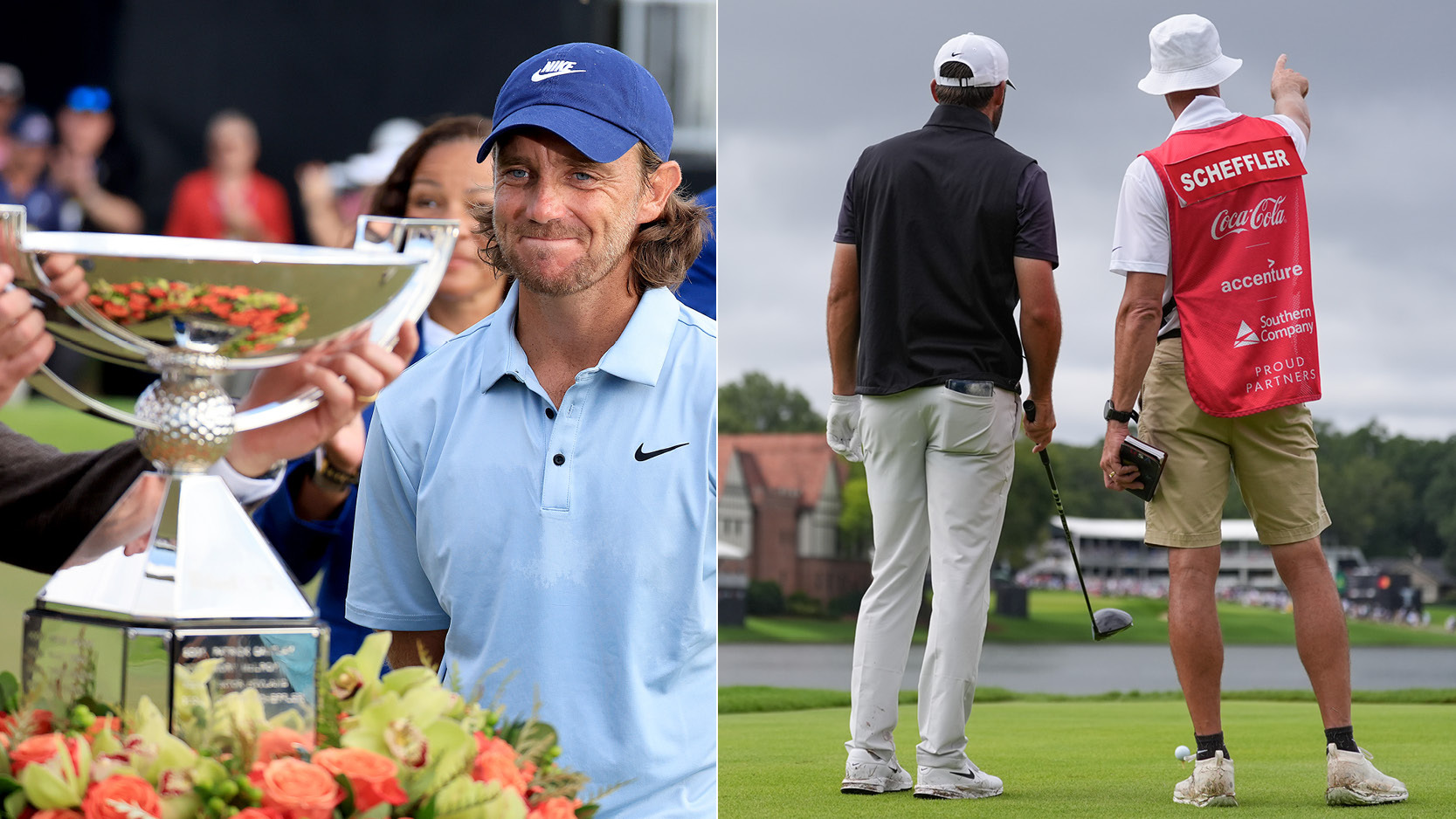 Images of Tommy Fleetwood and Scottie Scheffler alongside Ted Scott 