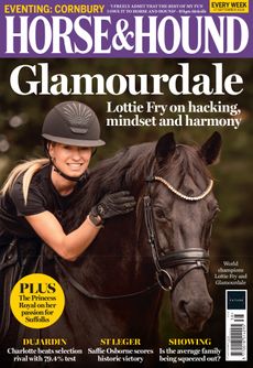 Cover of Horse and Hound featuring a close up of Lottie Fry riding the black dressage stallion Glamourdale
