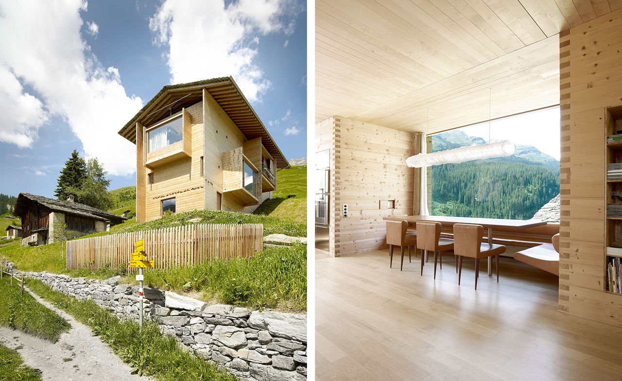 Exterior and interior views of Peter Zumthor&#039;s Swiss Alps home