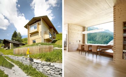 Exterior and interior views of Peter Zumthor's Swiss Alps home