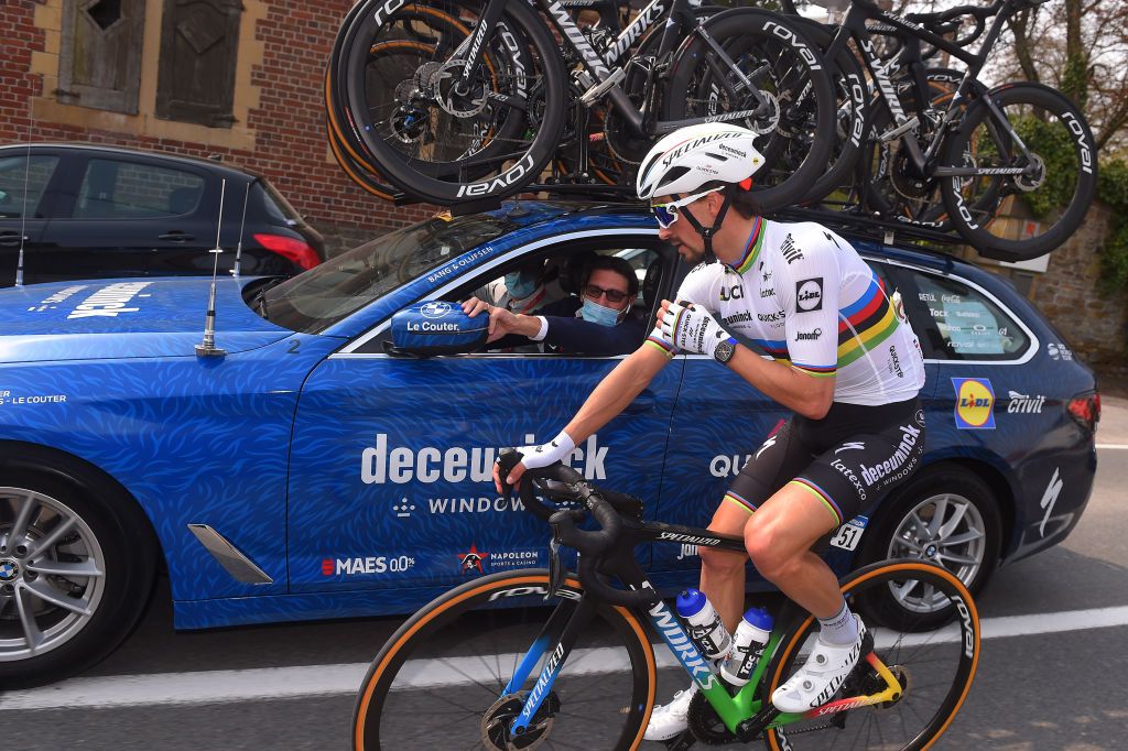 MUR DE HUY BELGIUM APRIL 21 Davide Bramati of Italy Sports Director Julian Alaphilippe of France and Team Deceuninck QuickStep uring the 85th La Fleche Wallonne 2021 Men Elite a 1936km race from Charleroi to Mur de Huy 204m Car FlecheWallonne on April 21 2021 in Mur de Huy Belgium Photo by Luc ClaessenGetty Images
